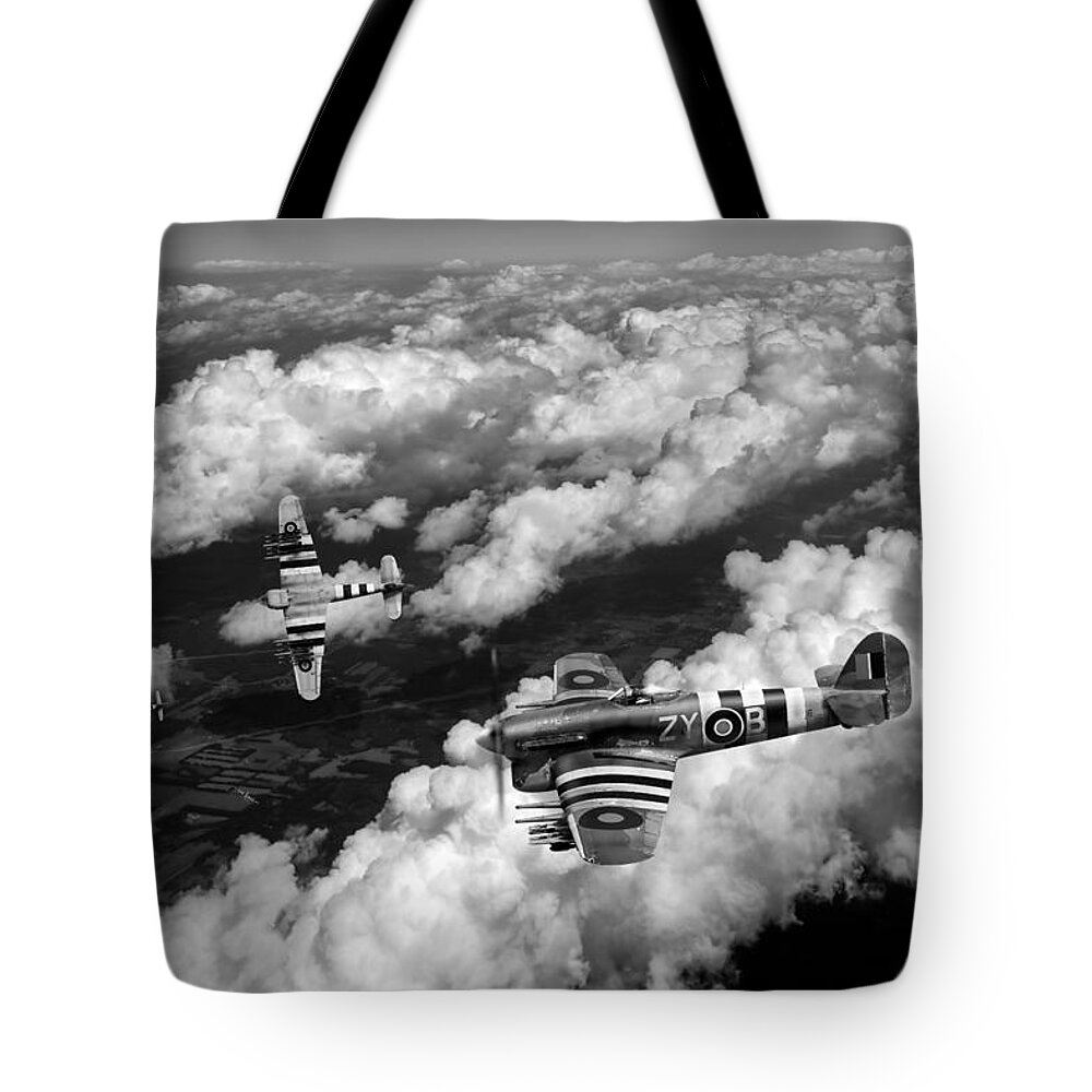 Hawker Typhoon Tote Bag featuring the photograph Hawker Typhoons diving black and white version by Gary Eason