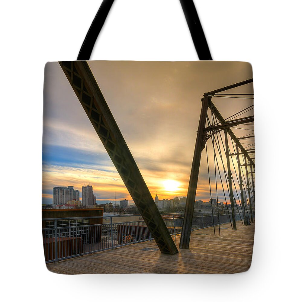 Hays Street Bridge Tote Bag featuring the photograph Hays Street Bridge at Sunset by Tim Stanley