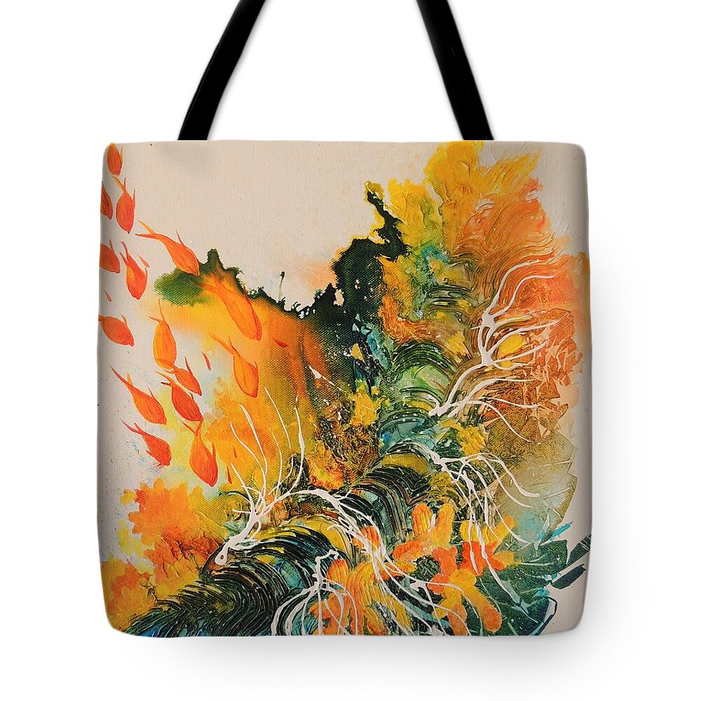 Coral Tote Bag featuring the painting Heading Down #2 by Lyn Olsen