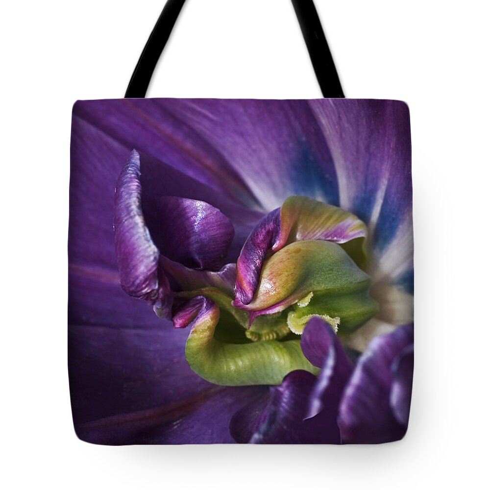 Purple Tote Bag featuring the photograph Heart of a Purple Tulip by Rona Black