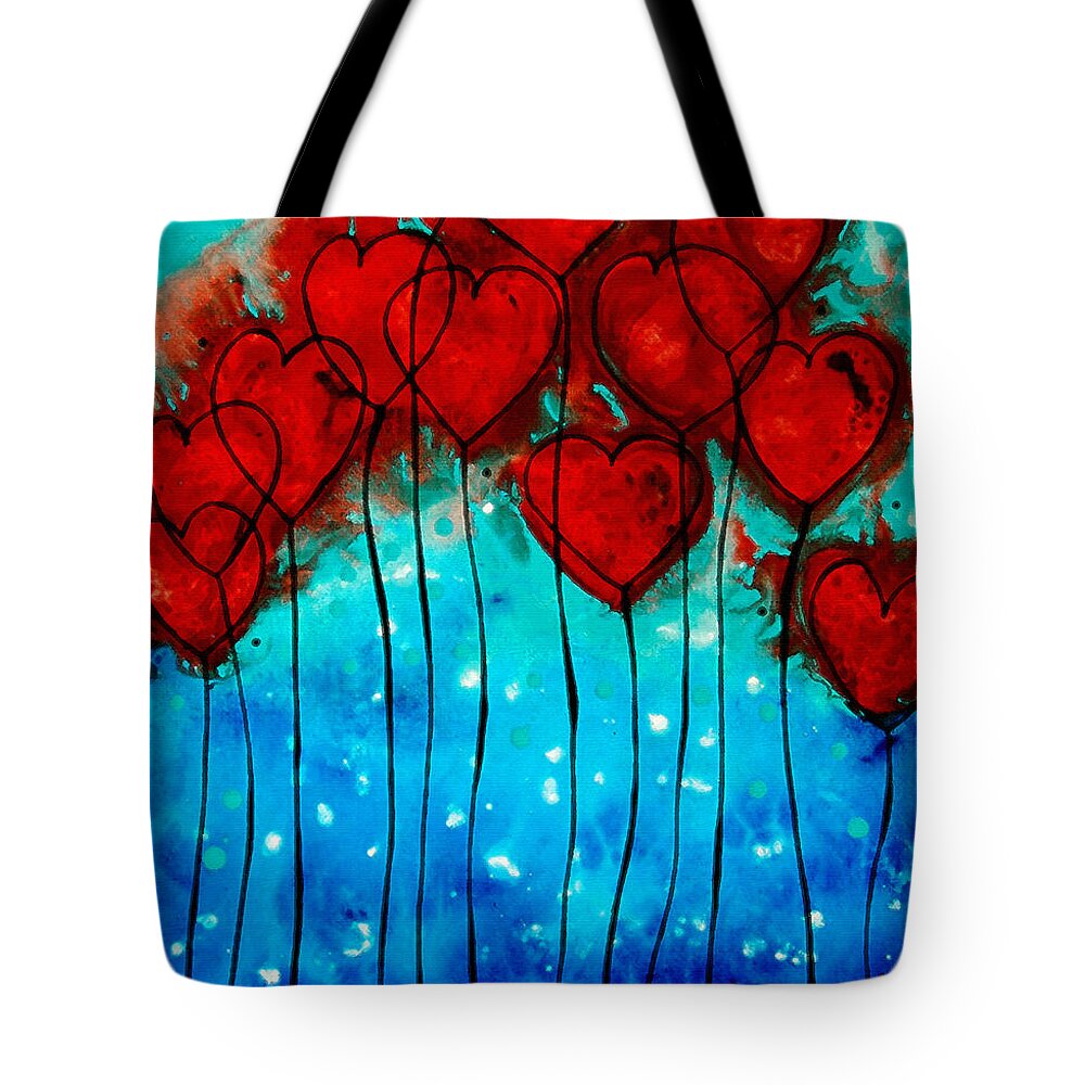 Red Tote Bag featuring the painting Hearts on Fire - Romantic Art By Sharon Cummings by Sharon Cummings