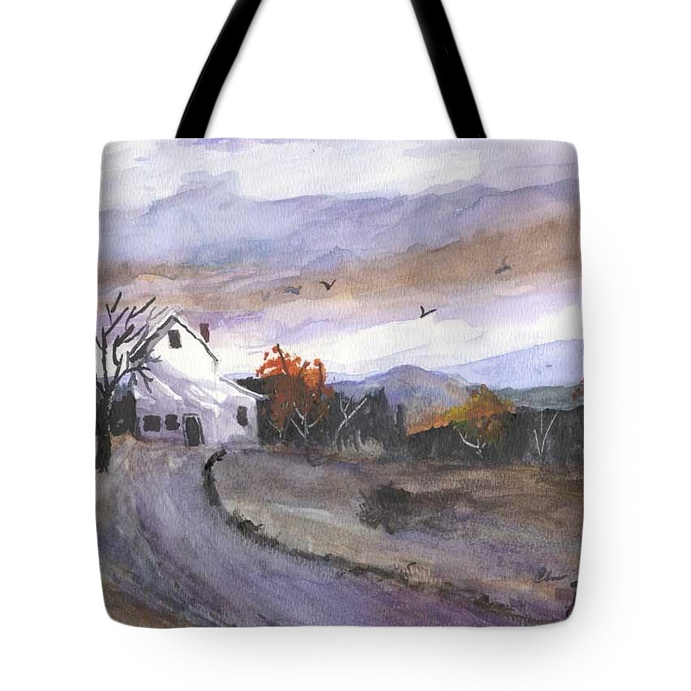 Watercolor Tote Bag featuring the painting Hebo Farmhouse by Chriss Pagani
