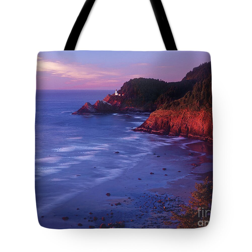 North America Tote Bag featuring the photograph Heceta Head Lighthouse at Sunset Oregon coast by Dave Welling