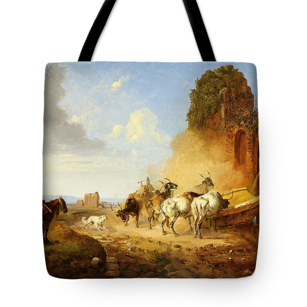 Heinrich Burkel Cattle Watering At A Fountain On The Via Appia A Tiqua Tote Bag featuring the painting Heinrich Burkel Cattle Watering at a Fountain on the Via Appia A tiqua by MotionAge Designs