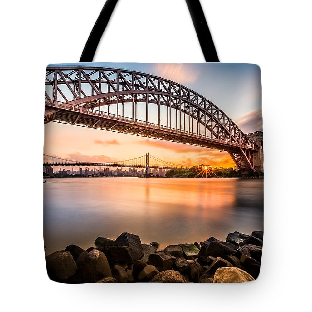 Hell Gate Tote Bag featuring the photograph Hell Gate and Triboro bridge at sunset by Mihai Andritoiu