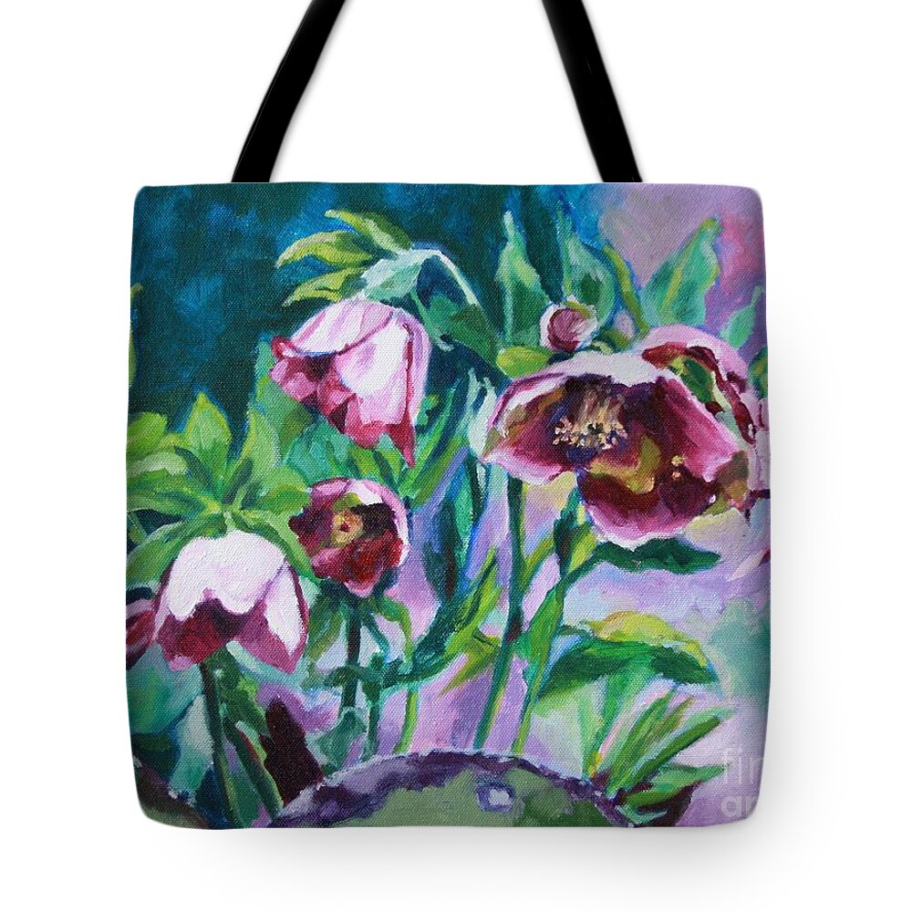 Hellebores Tote Bag featuring the painting Hellebore Flowers by Jan Bennicoff