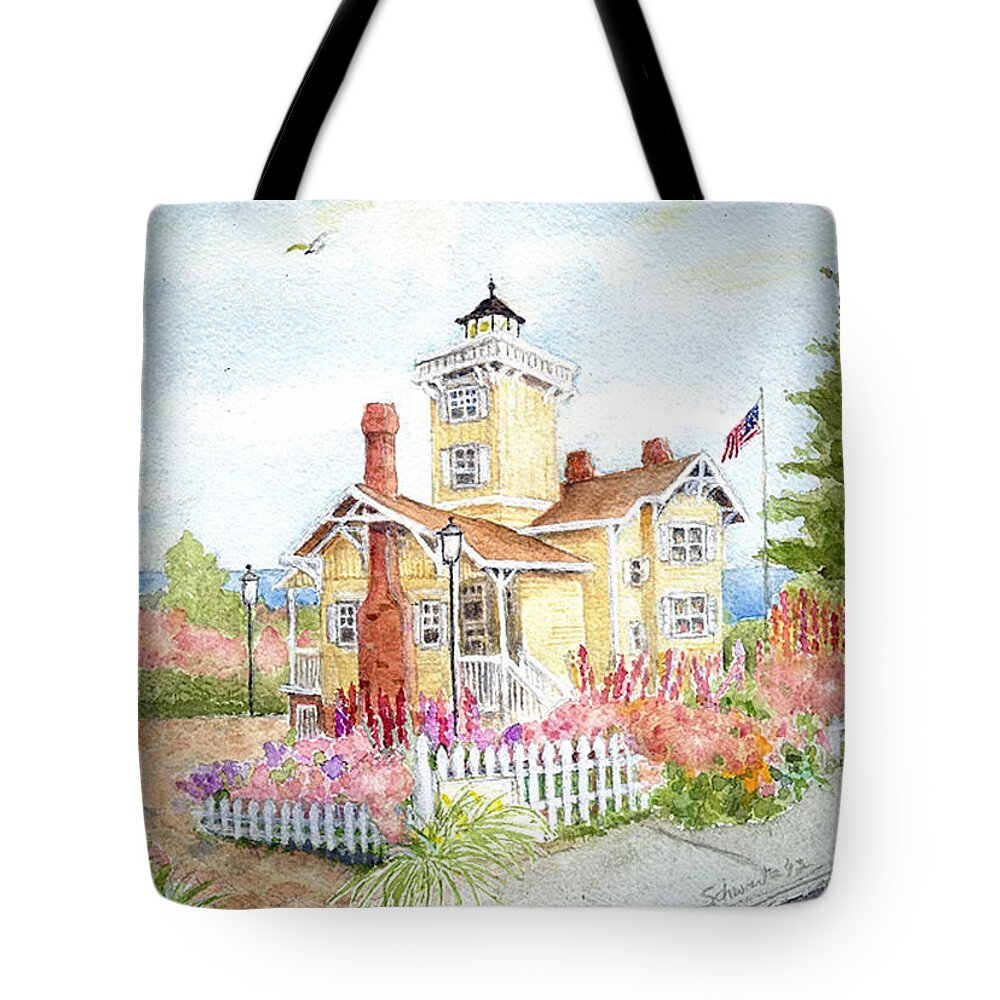Hereford Inlet Lighthouse Tote Bag featuring the painting Hereford Inlet Lighthouse by Marlene Schwartz Massey
