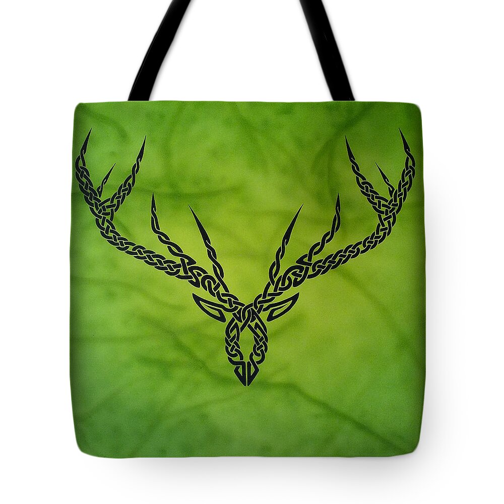 Celtic Knotwork Antlers Green Forest Antlers Deer Hunter Hunting Trees Branches Nature Cernunnos Tote Bag featuring the painting Herne by Guy Pettingell