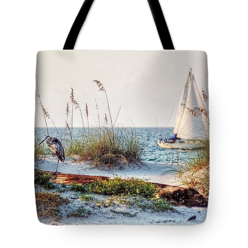 Alabama Tote Bag featuring the photograph Heron and Sailboat Larger Sizes by Michael Thomas