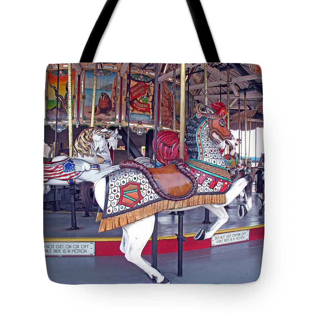 Carousel Tote Bag featuring the photograph Herschell Spillman Armored Horse by Barbara McDevitt