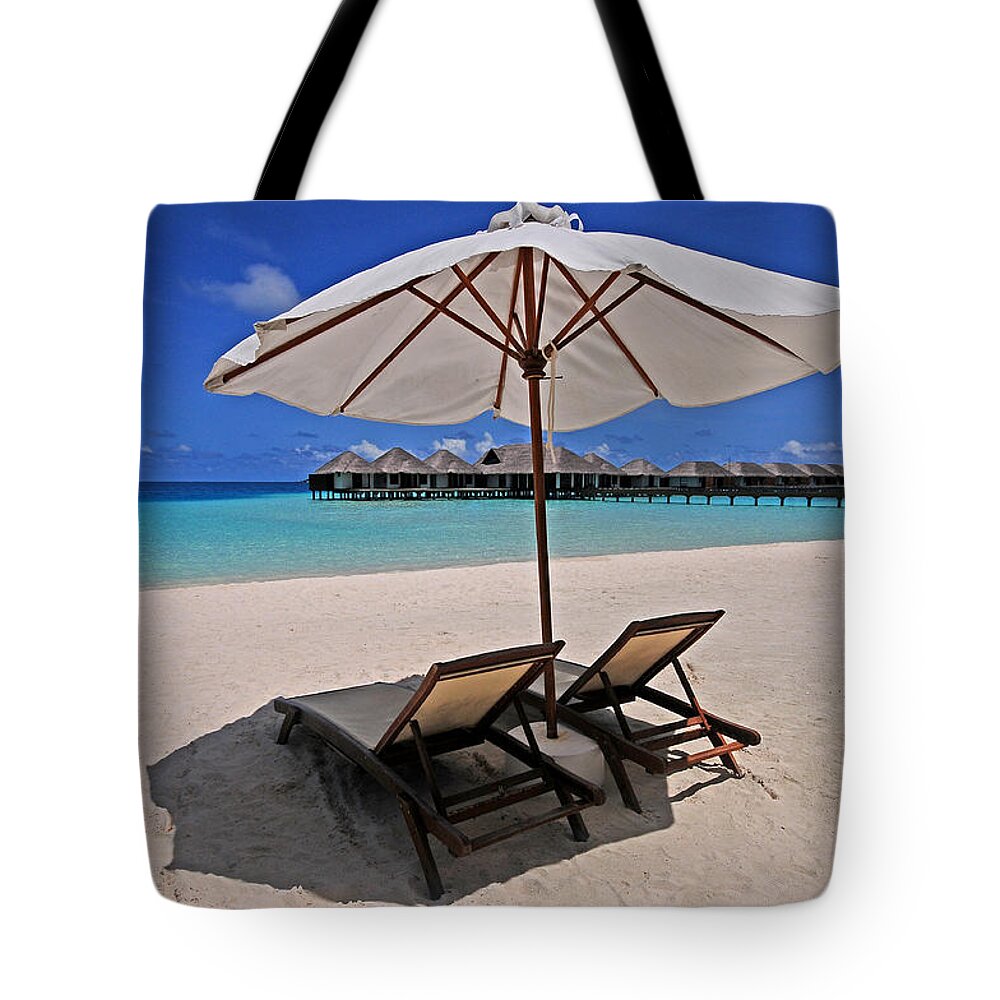 Maldives Tote Bag featuring the photograph Hideaway under the Tropical Sun. Maldives by Jenny Rainbow