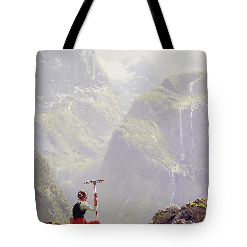 Hans Andreas Dahl Tote Bag featuring the painting High in the Mountains by Hans Andreas Dahl