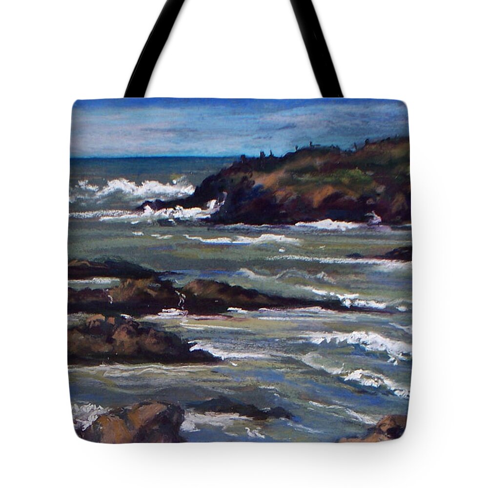 Landscape Tote Bag featuring the pastel High Tide Pescadero Beach by Marian Berg