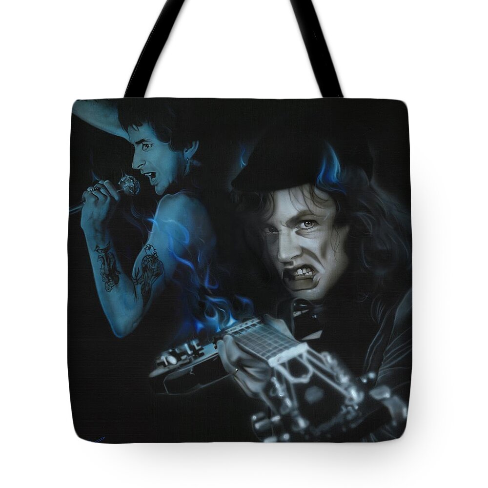 Acdc Tote Bag featuring the painting Highway to Bon by Christian Chapman Art