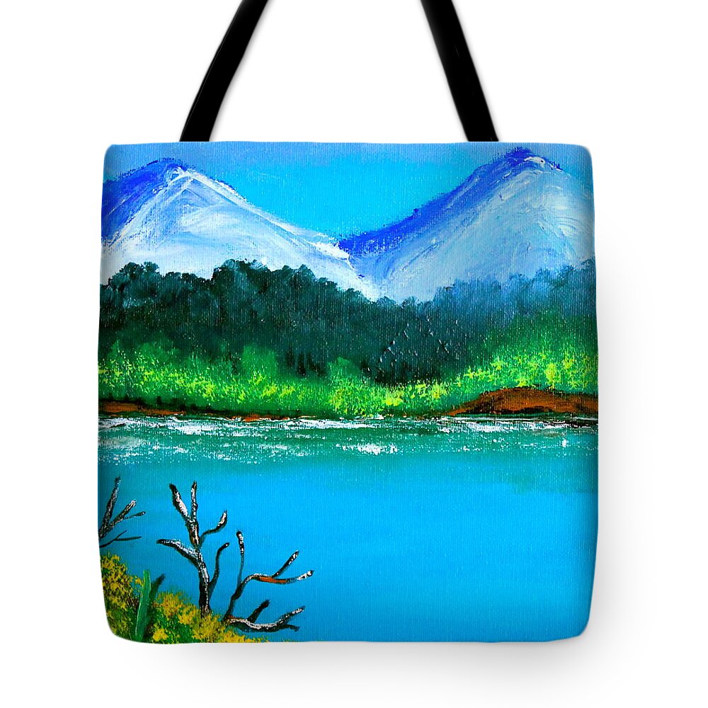 Hills Tote Bag featuring the painting Hills by the Lake by Cyril Maza