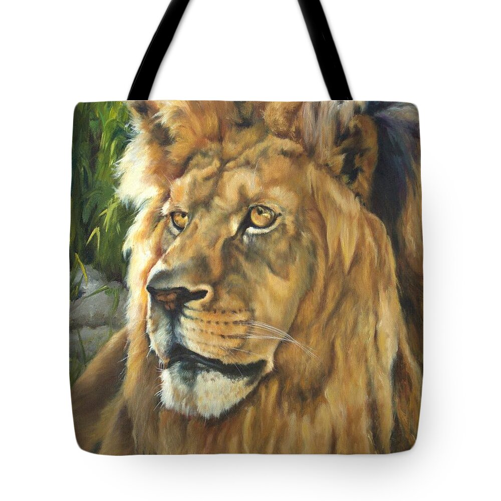 Lion Tote Bag featuring the painting Him - Lion by Lori Brackett
