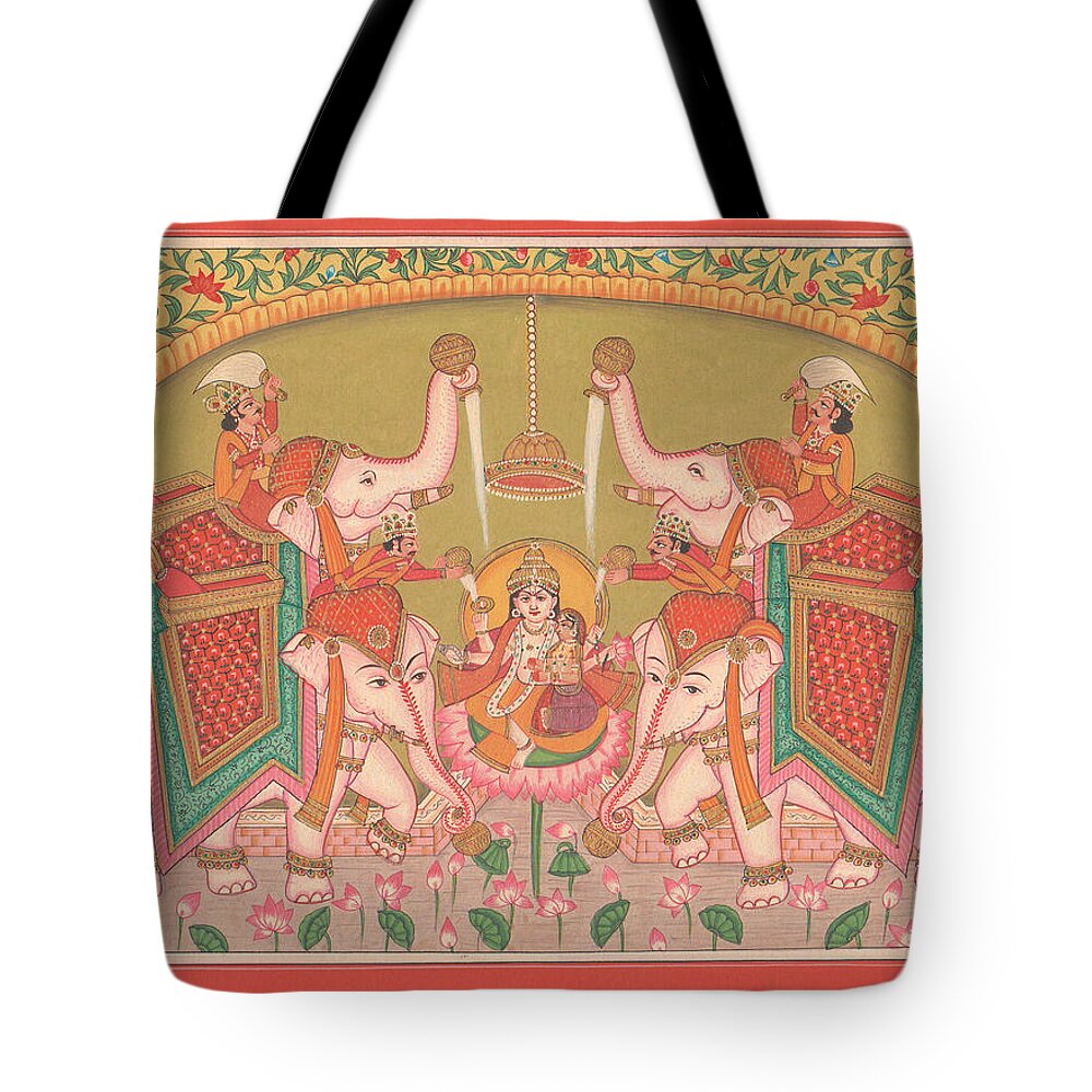 Hindu Goddess Of Wealth Money Devi Laxmi Elephant Miniature Painting India Folk Art Traditional Artist How To Get Print Online Tote Bag featuring the painting Hindu Goddess of Wealth Money Devi Laxmi Elephant Miniature Painting India folk art Traditional by A K Mundhra