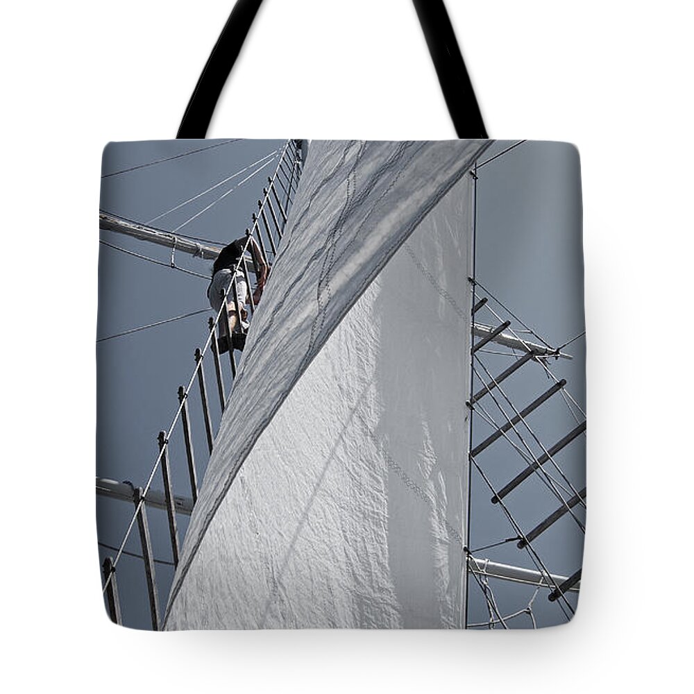 Schooner Tote Bag featuring the photograph Hoisting The Mainsails by Jani Freimann