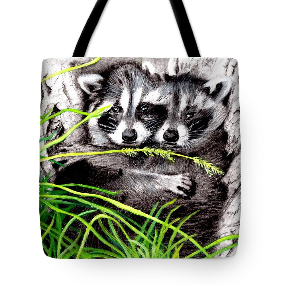 Racoons Tote Bag featuring the drawing Hold Me Tight by Cassy Allsworth