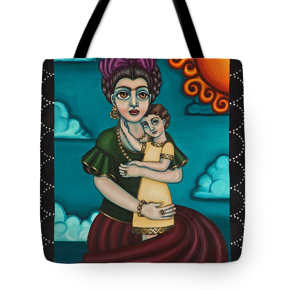 Folk Art Tote Bag featuring the painting Holding Diegito by Victoria De Almeida