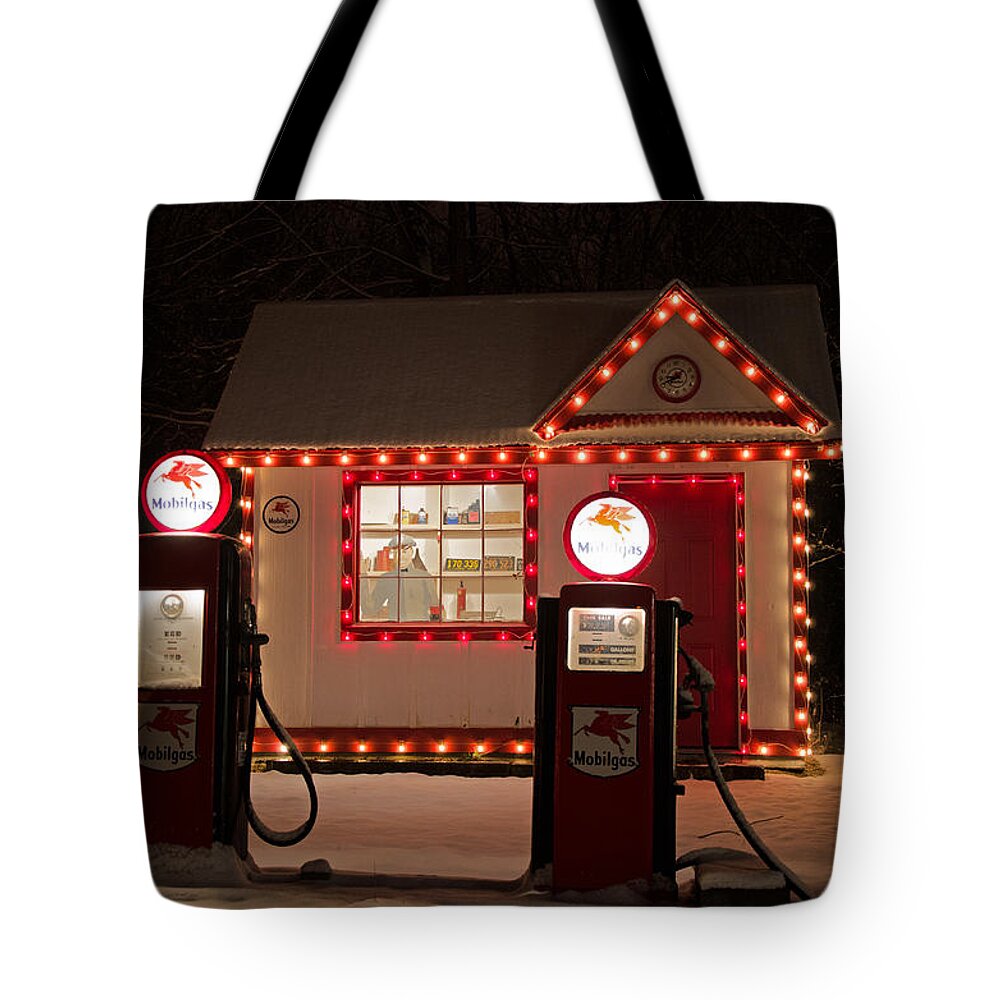 Holiday Tote Bag featuring the photograph Holiday Service Station by Susan McMenamin