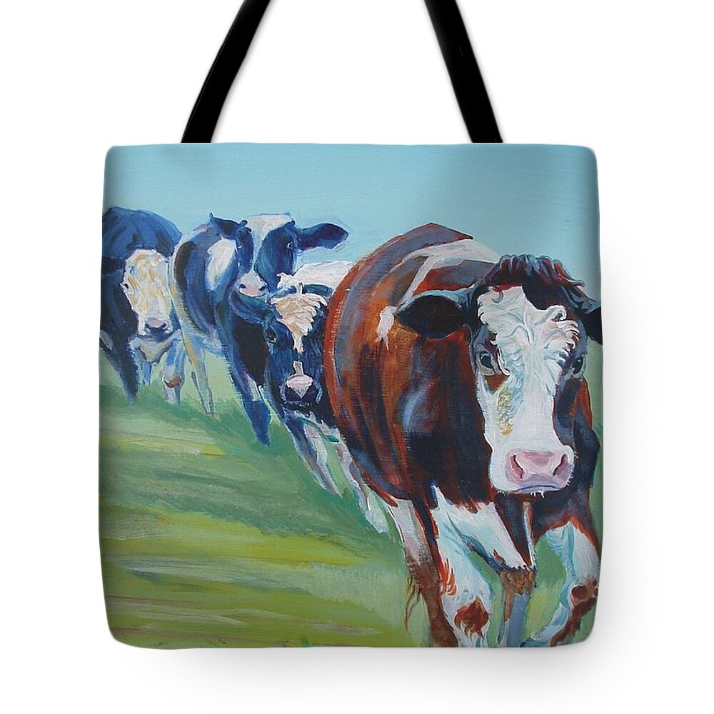 Cow Tote Bag featuring the painting Holstein Friesian Cows by Mike Jory