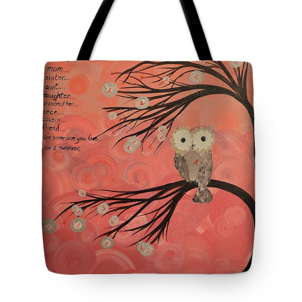 Owls Tote Bag featuring the painting Hoo's Who Care - Find The Cure - Support Breast Cancer Awareness - Hoolandia #383 by MiMi Stirn
