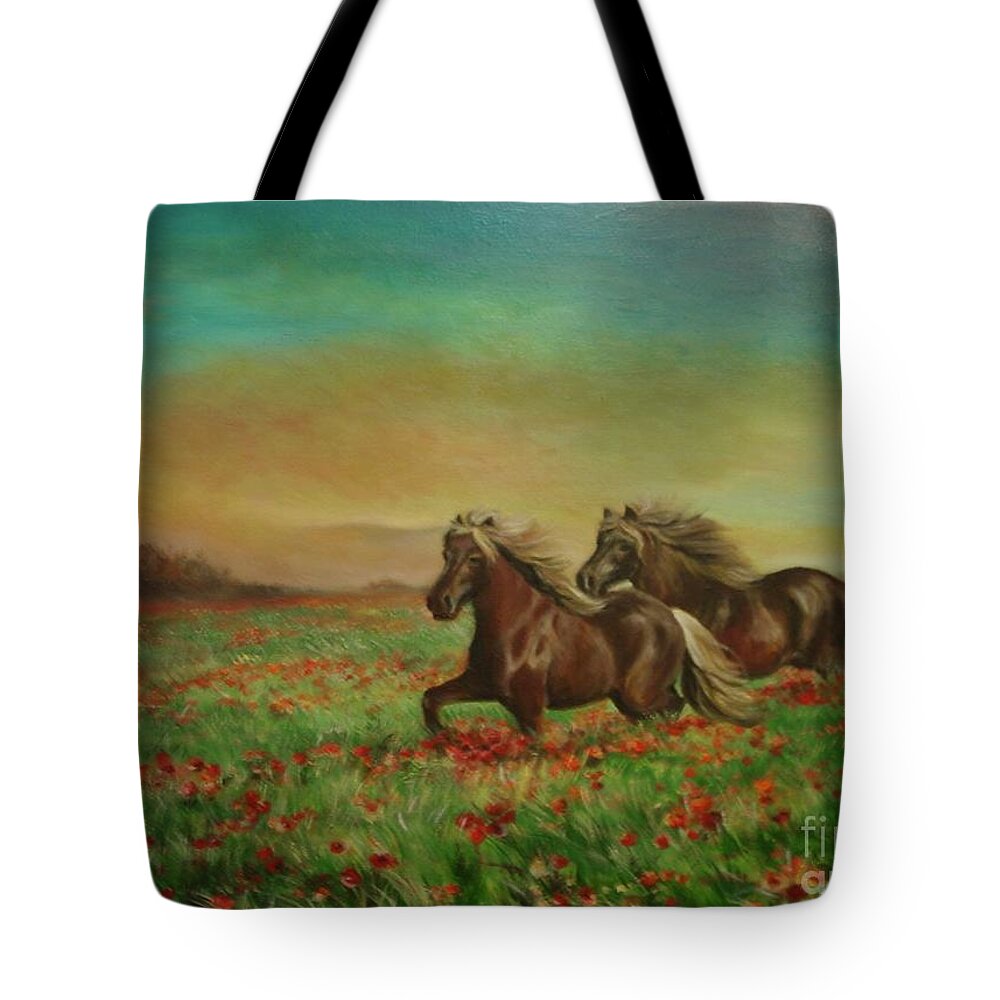 Horces Tote Bag featuring the painting Horses in the field with poppies by Sorin Apostolescu