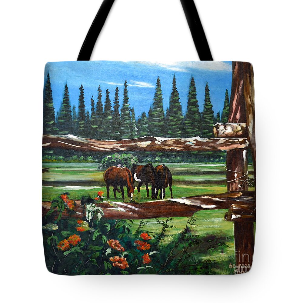 Horse Tote Bag featuring the painting Horses by Larry Geyrozaga