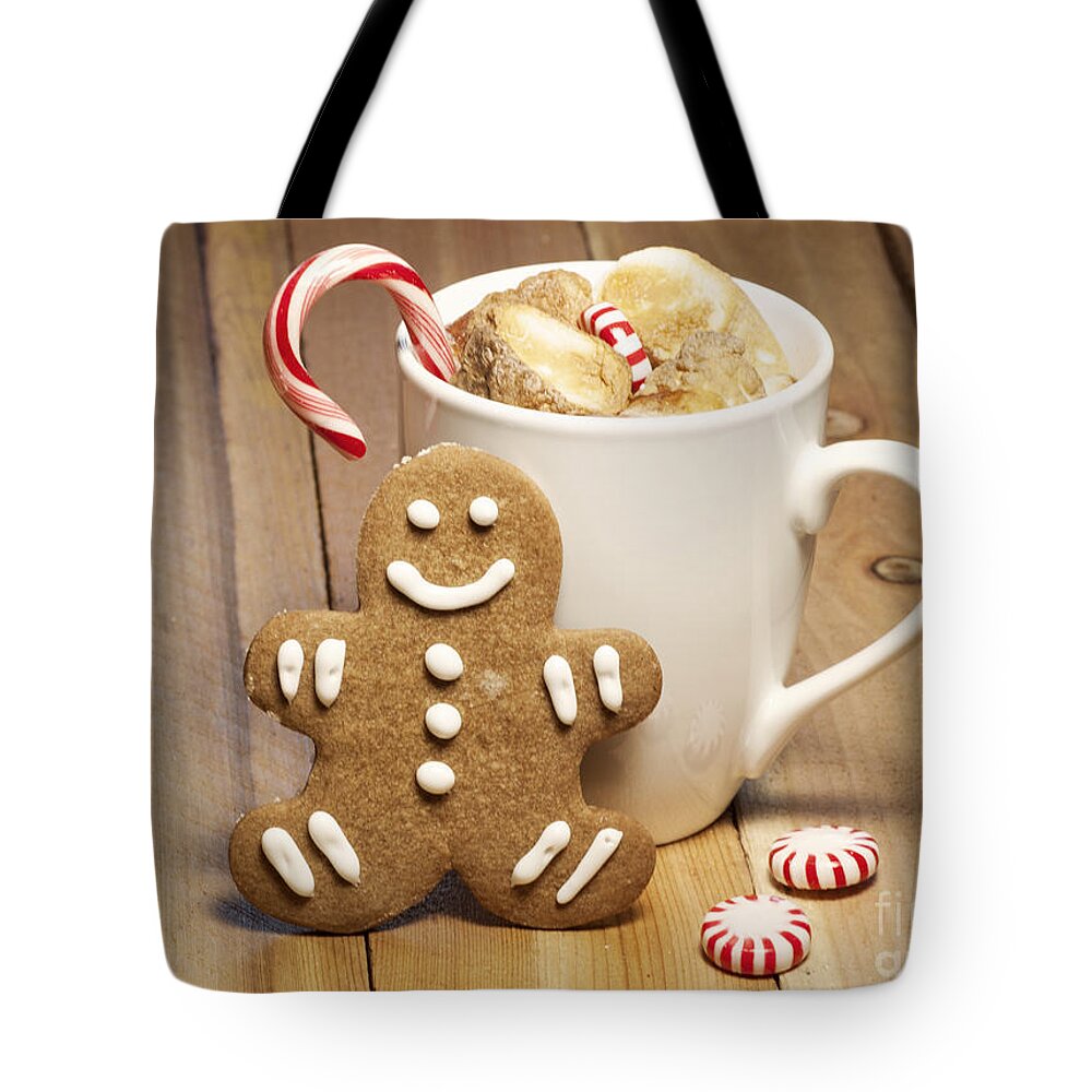 Baked Tote Bag featuring the photograph Hot Chocolate Toasted Marshmallows and a Gingerbread Cookie by Juli Scalzi