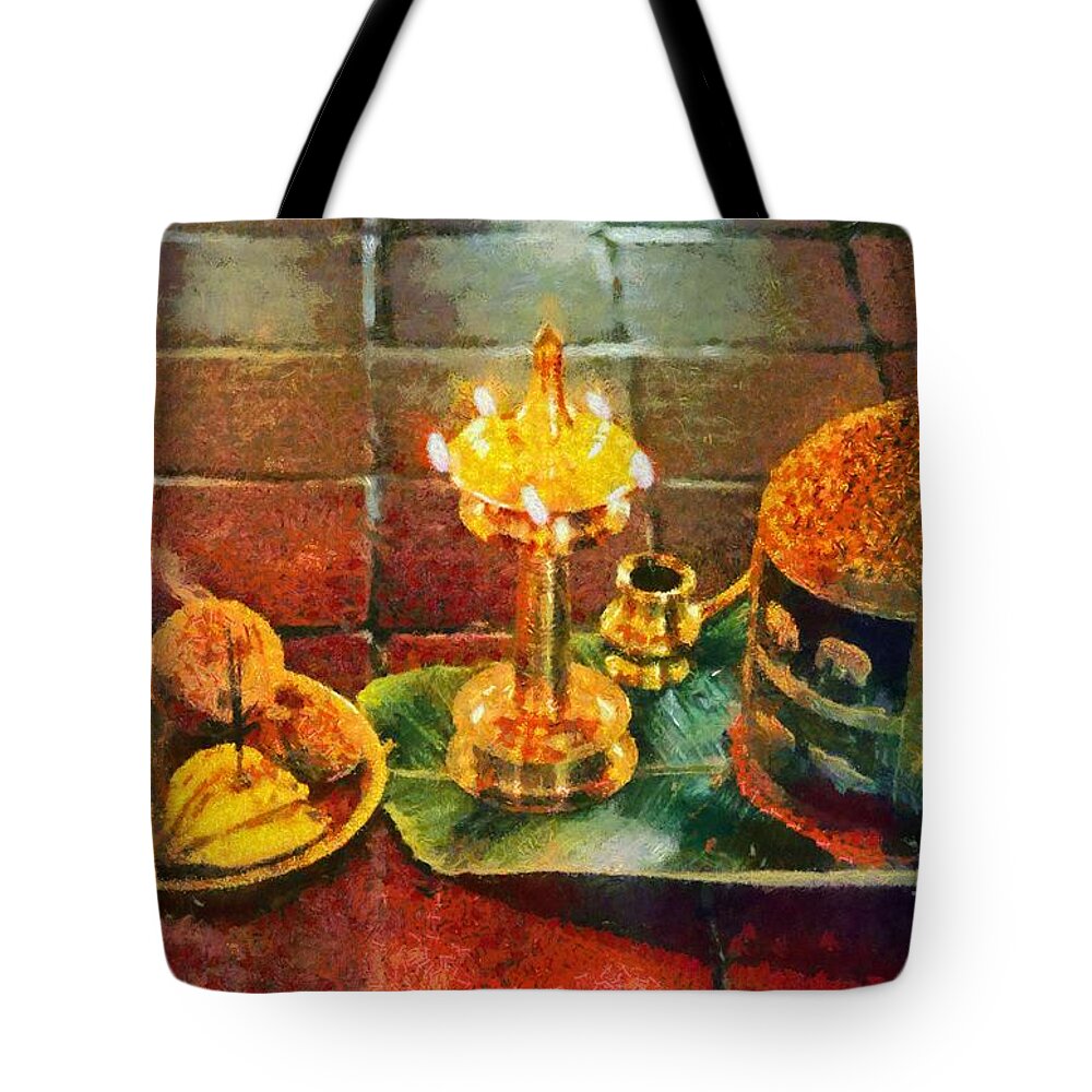 Hotel; Welcome; Reception; Lobby; India; Kerala; Asia; East; Eastern; Holidays; Vacation; Travel; Trip; Voyage; Journey; Tourism; Touristic; Paint; Painting; Paintings; Hotel Welcome Tote Bag featuring the painting Hotel welcome in India by George Atsametakis