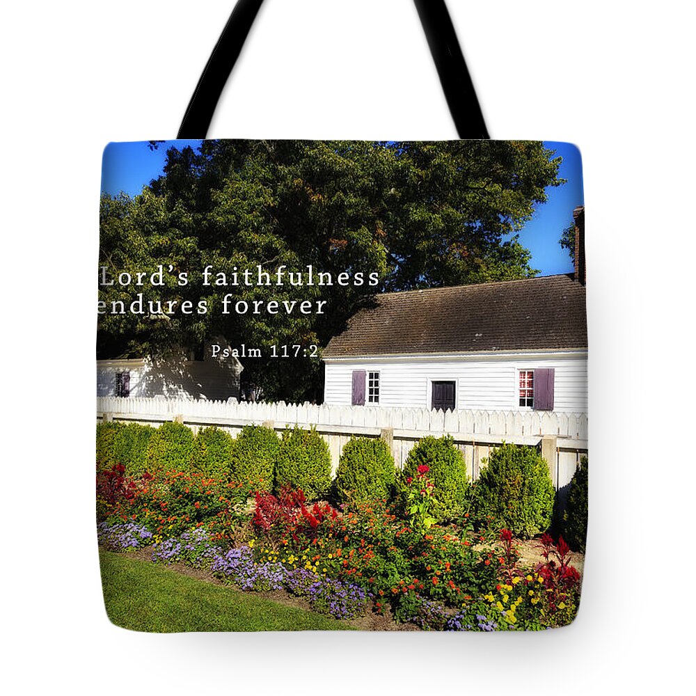 George Tote Bag featuring the photograph House and Gardens with Scripture by Jill Lang