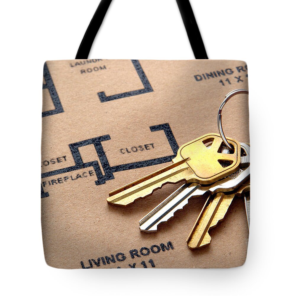 Construction Tote Bag featuring the photograph House Keys on Real Estate Housing Floor Plans by Olivier Le Queinec