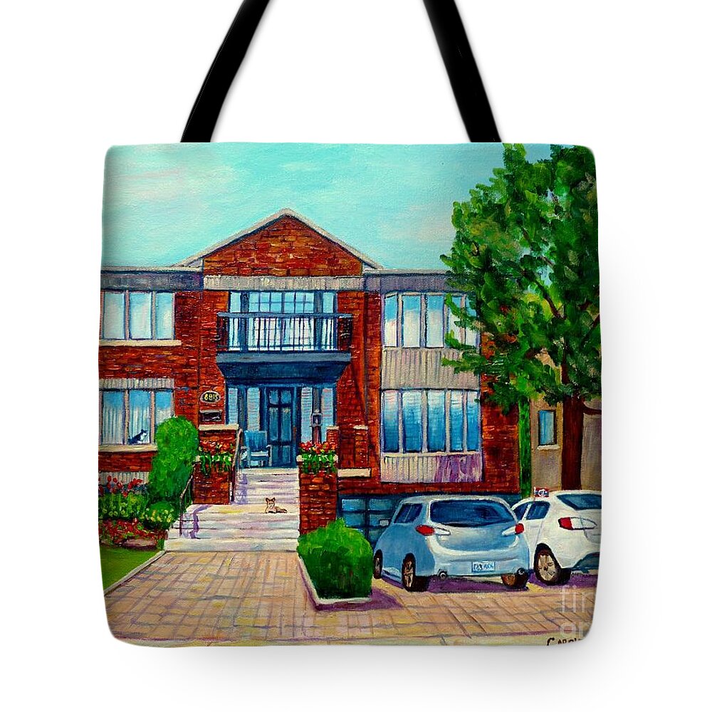 Montreal Tote Bag featuring the painting House Portrait-house Art-commissioned Montreal Paintings-carole Spandau by Carole Spandau