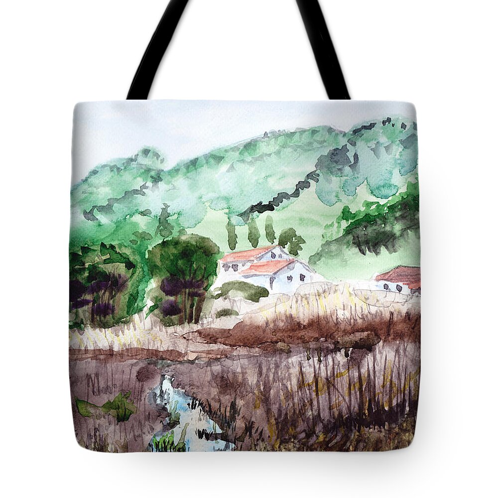 House Tote Bag featuring the painting Houses In The Valley by Masha Batkova
