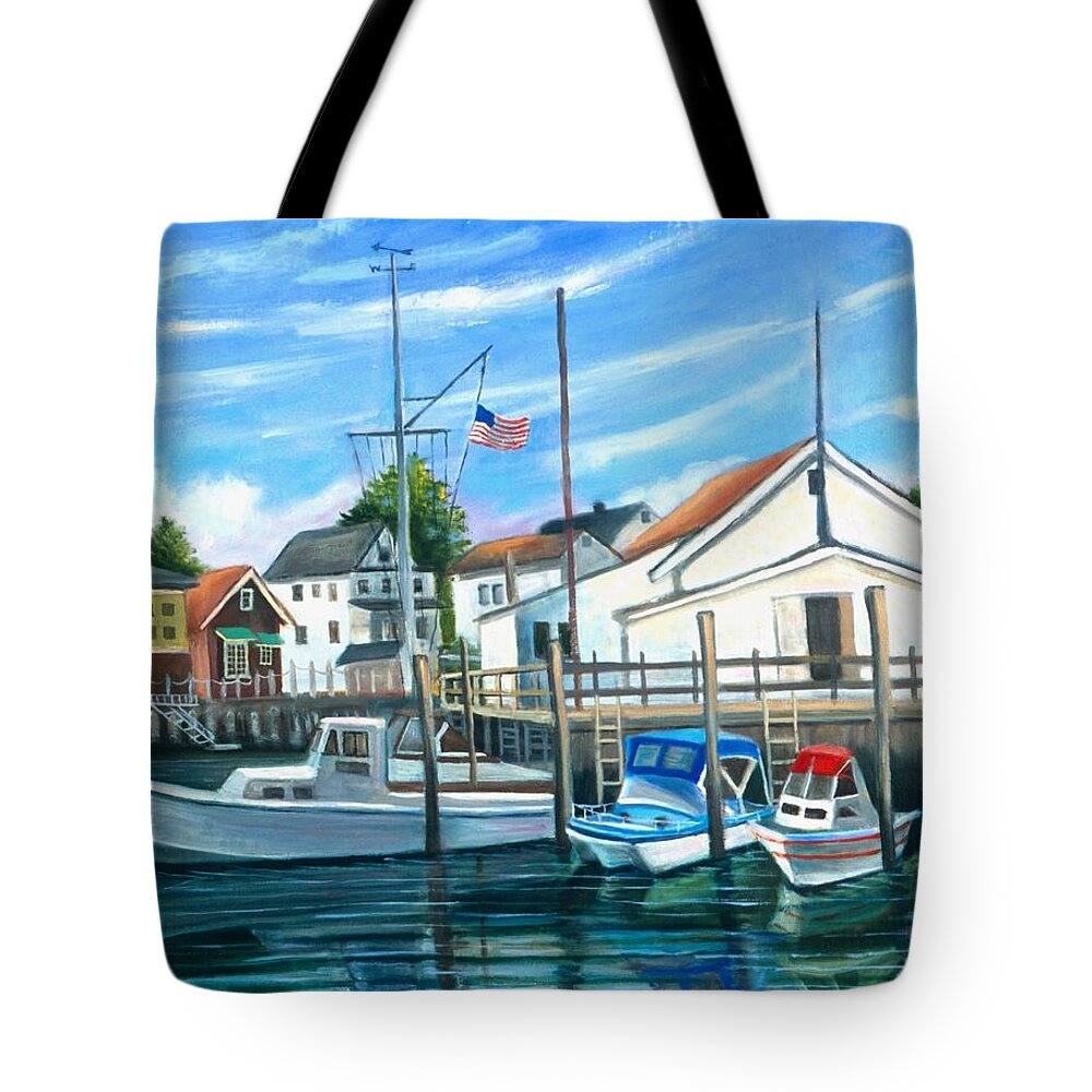 Boats Tote Bag featuring the painting Howard Beach Motor Club by Madeline Lovallo