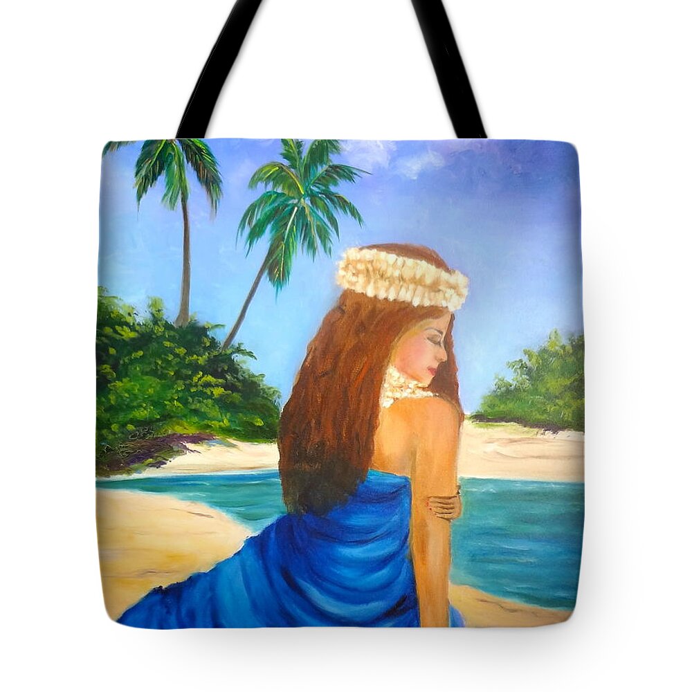 Hula Girl Tote Bag featuring the painting Hula Girl On The Beach by Jenny Lee