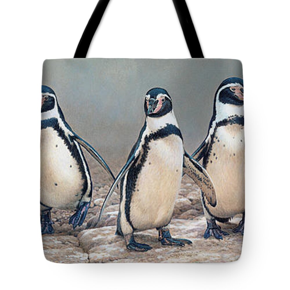 Animal Tote Bag featuring the photograph Humboldt Penguins Standing In A Row by Ikon Ikon Images