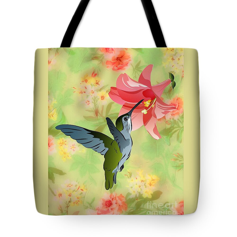 Graphic Bird Tote Bag featuring the digital art Hummingbird with Pink Lily Against Floral Fabric by MM Anderson