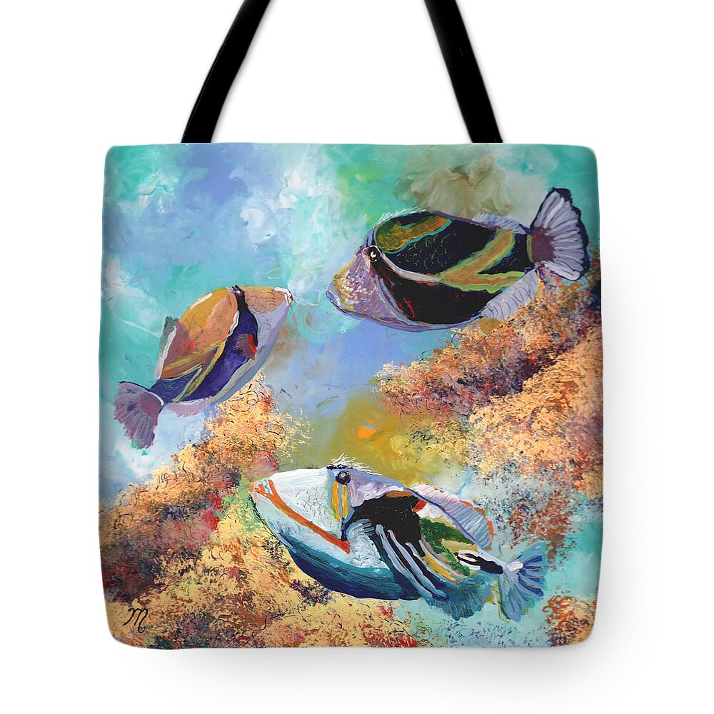 Hawaiian Fish Tote Bag featuring the painting Humuhumu 3 by Marionette Taboniar