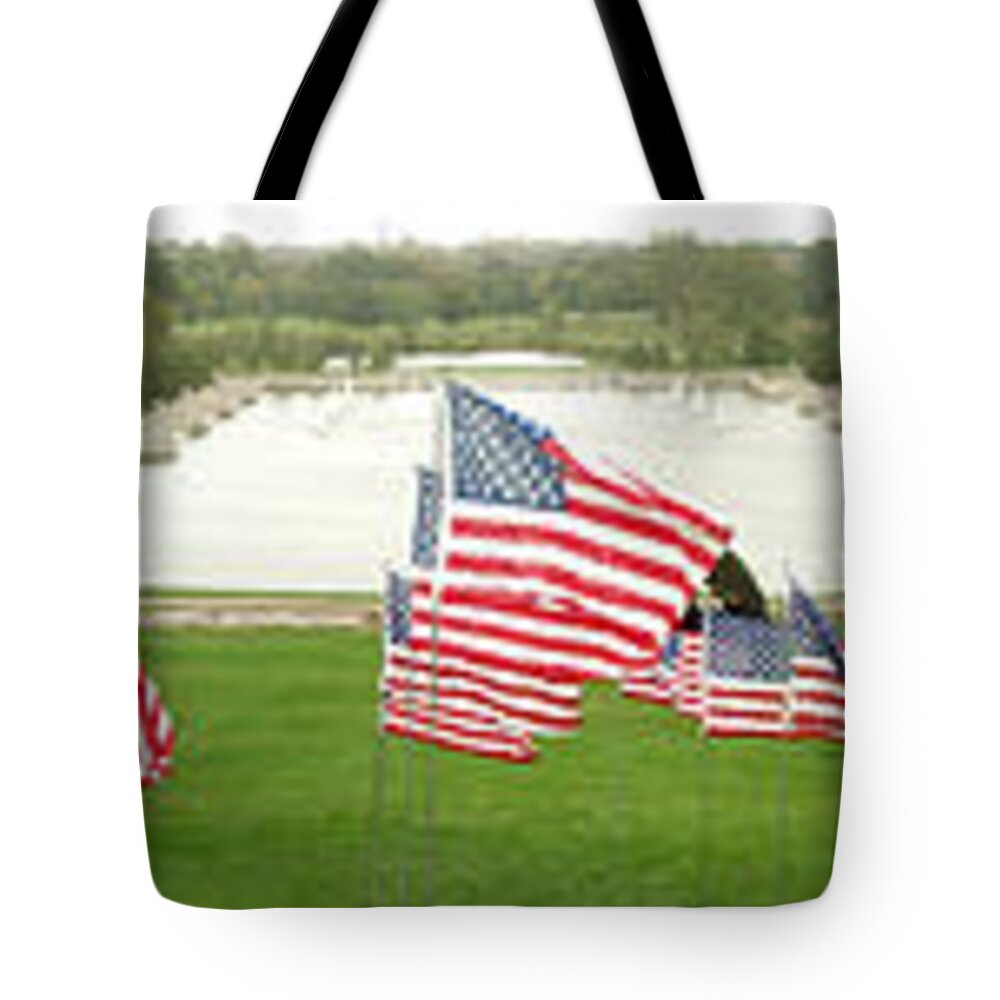 9/11 Tote Bag featuring the photograph Hundreds of American Flags September 11 memorial in Saint Louis Missouri by Adam Long