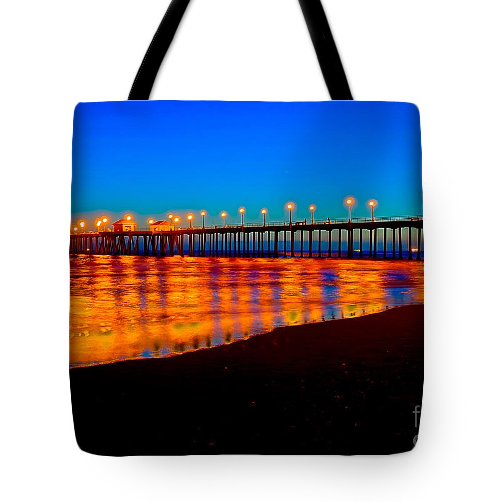 Huntington Beach Pier Tote Bag featuring the photograph Huntington Beach Pier - Nightside by Jim Carrell