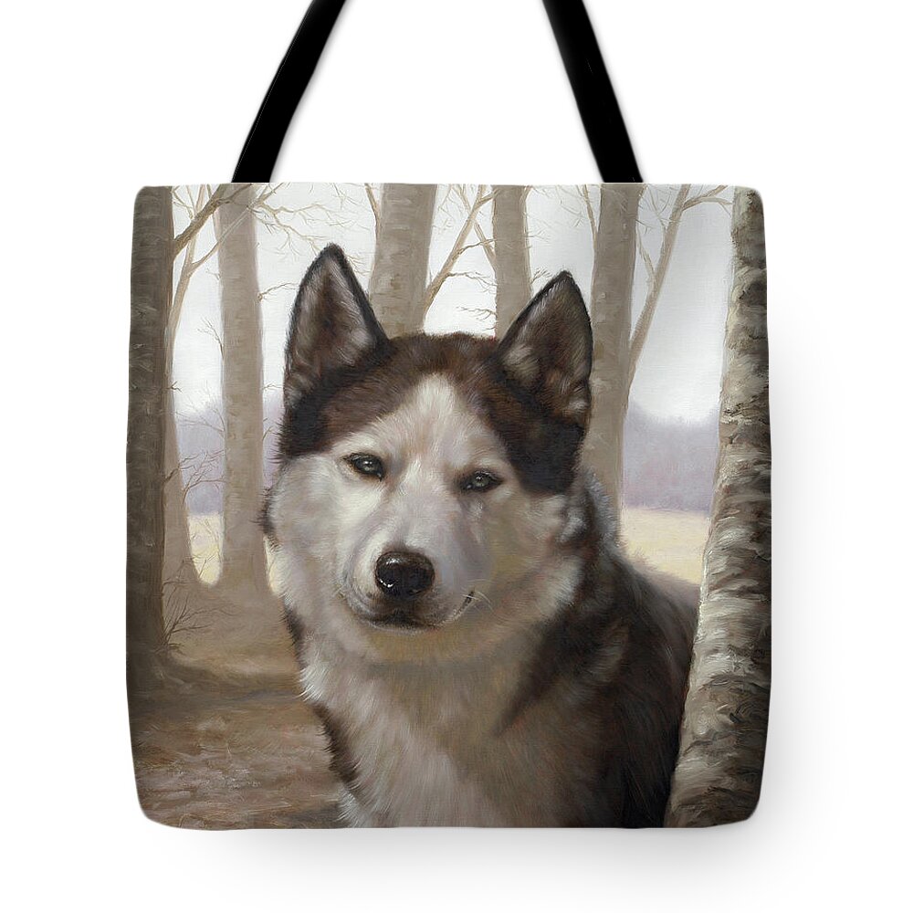 Husky Tote Bag featuring the painting Husky in the woods by John Silver