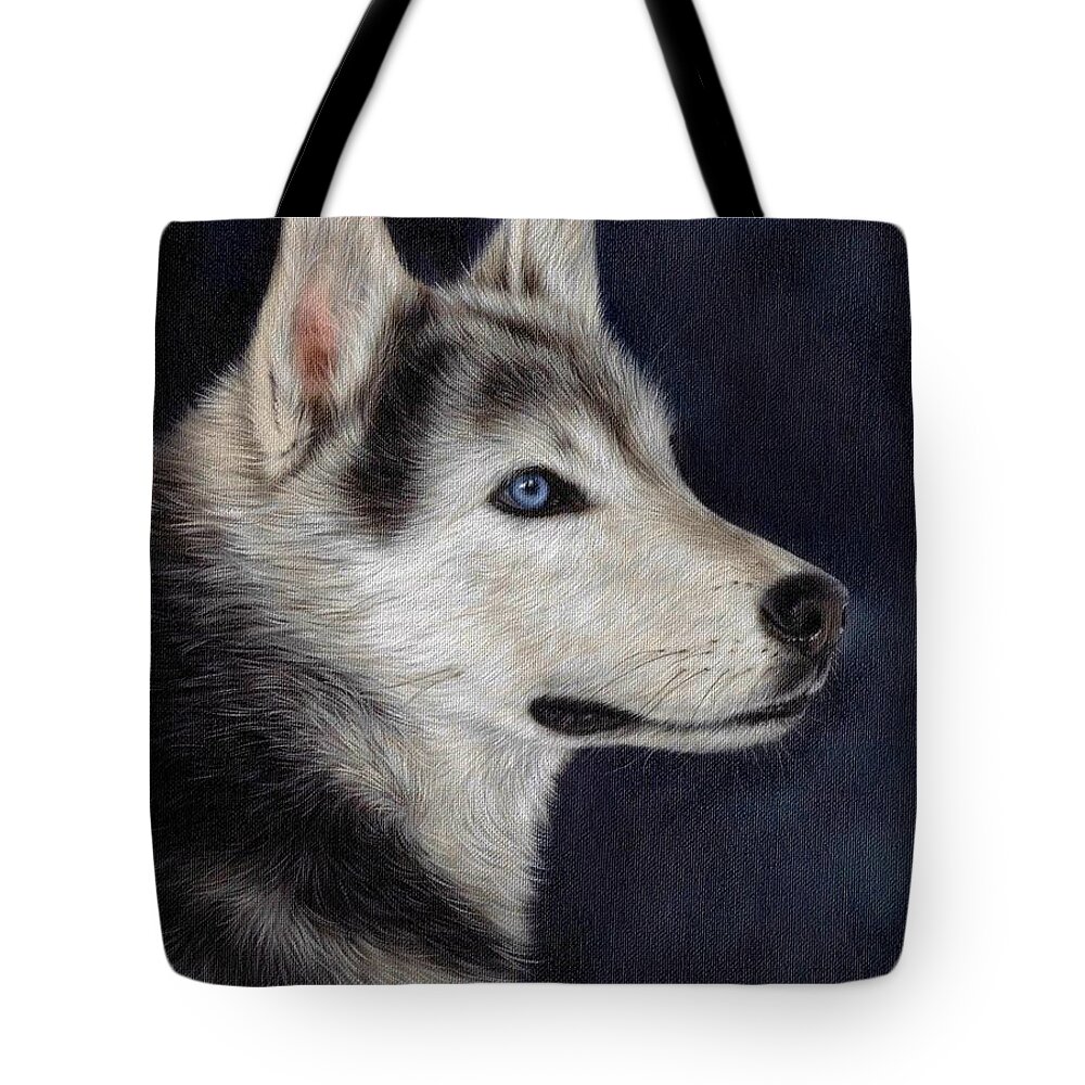 Husky Tote Bag featuring the painting Husky Portrait Painting by Rachel Stribbling