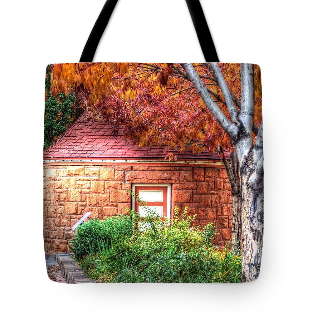 Round Tote Bag featuring the photograph Hut in Manitou Springs by Lanita Williams