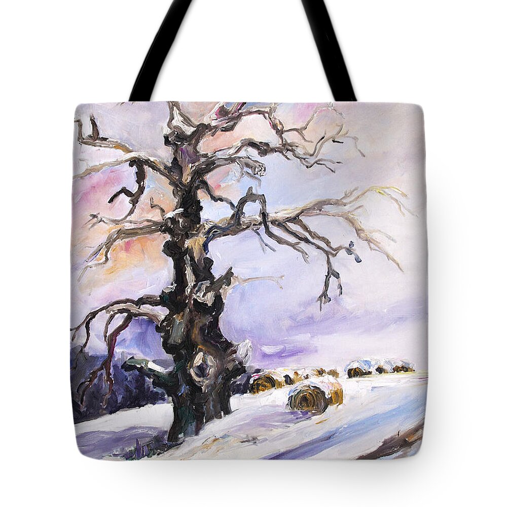 Landscape Tote Bag featuring the painting I Have Got Stories To Tell Old Oak Tree In Mecklenburg Germany by Barbara Pommerenke