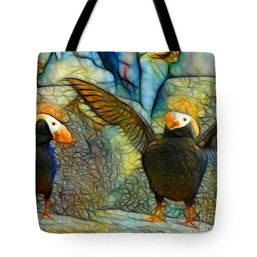 Puffins Tote Bag featuring the mixed media I love You This Much by Francine Dufour Jones