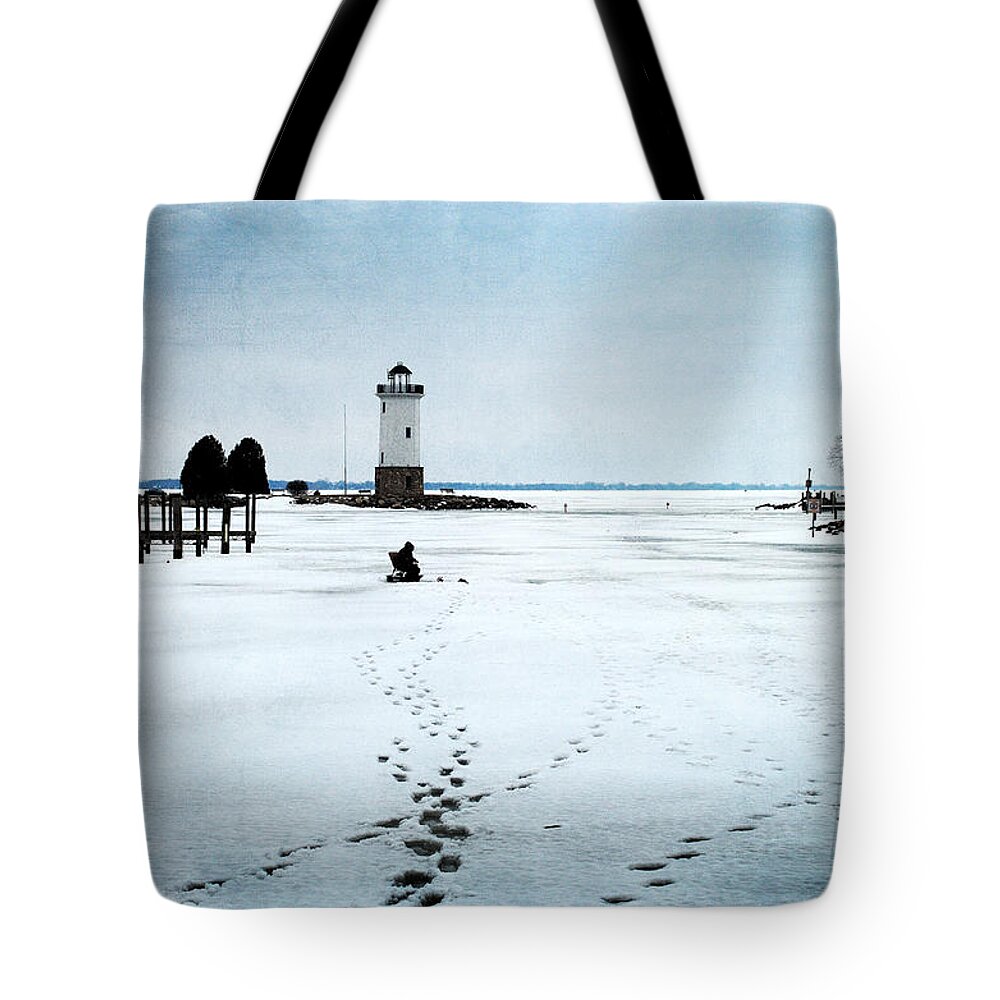 Lighthouse Tote Bag featuring the photograph Ice Fishing Solitude 2 by Janice Adomeit