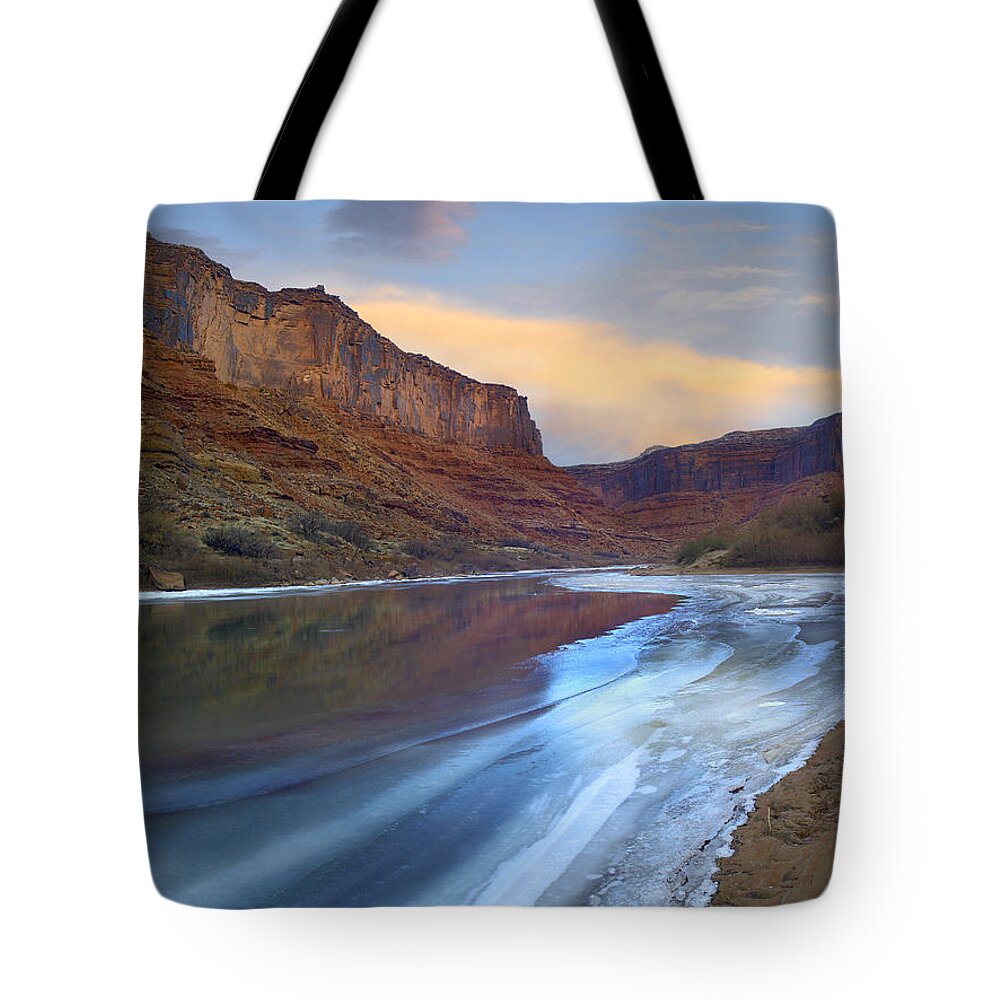 00175504 Tote Bag featuring the photograph Ice On The Colorado River in Cataract Canyon by Tim Fitzharris