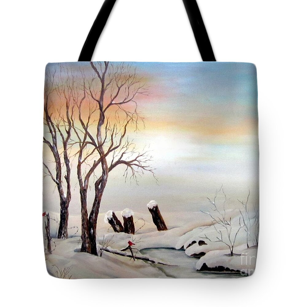 Snow Tote Bag featuring the painting Icy Dawn by AMD Dickinson